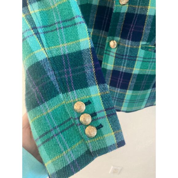 Talbots Classic Preppy Shetland Wool Blazer Aspen Plaid Tartan Turquoise Blue 8 - Picture 7 of 14